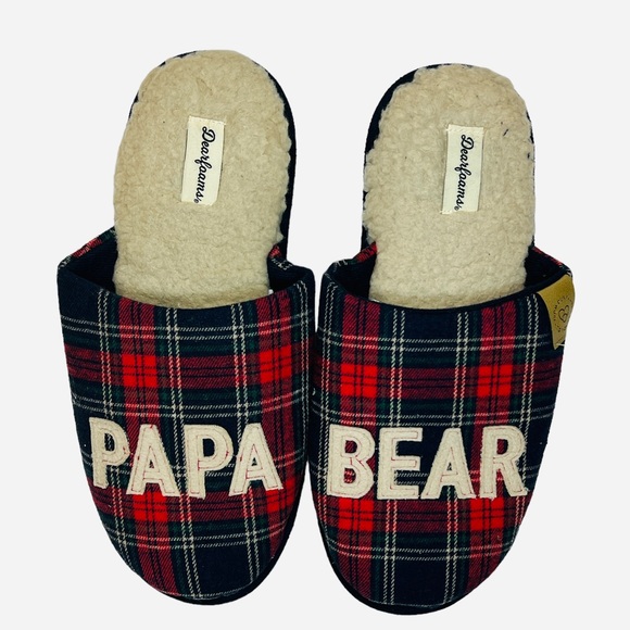 Dearfoams Papa Bear Memory Foam Slippers Plaid Blue Red Size S (7-8) - Picture 1 of 5